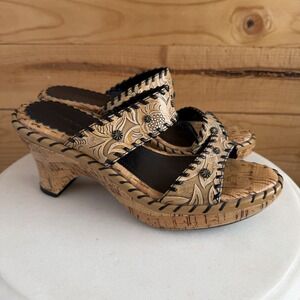 Sonora 7.5 Tooled Studded Leather Western Boho Sandals Cork Heels Cowgirls *Flaw